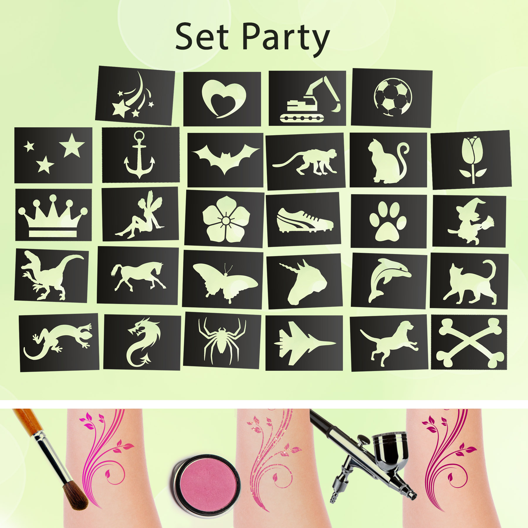 Tattoo Schablonen SET Party (28 Stück) Selbstklebend Kinderschminken Airbrush