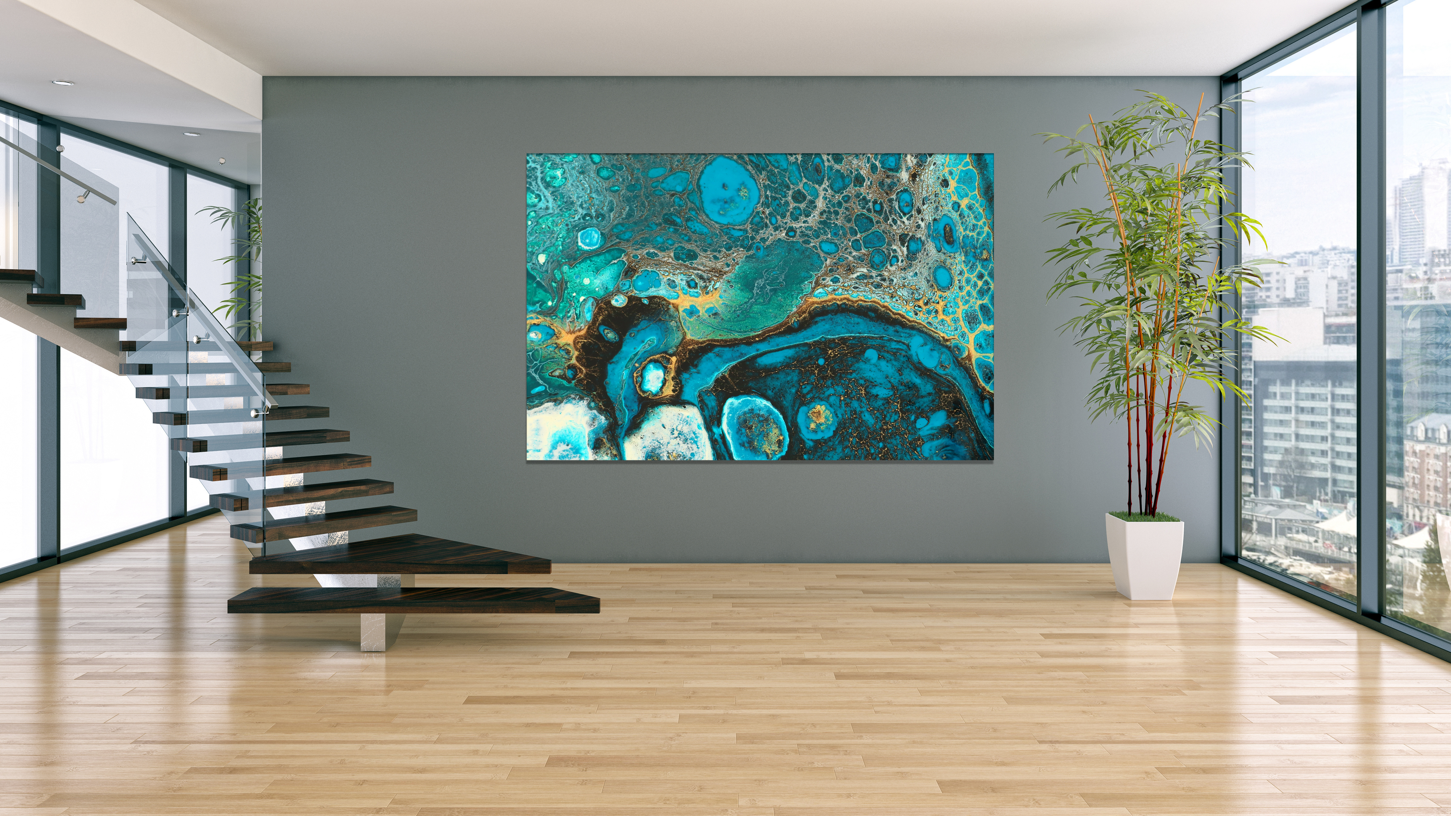 Wandbild Wandbilder Querformat Titel: Abstrakt gold türkis Liquid Struktur - Bild für Wohnzimmer auf Alu Dibond Leinwand Acrylglas Holzbalken Butlerfinish Poster