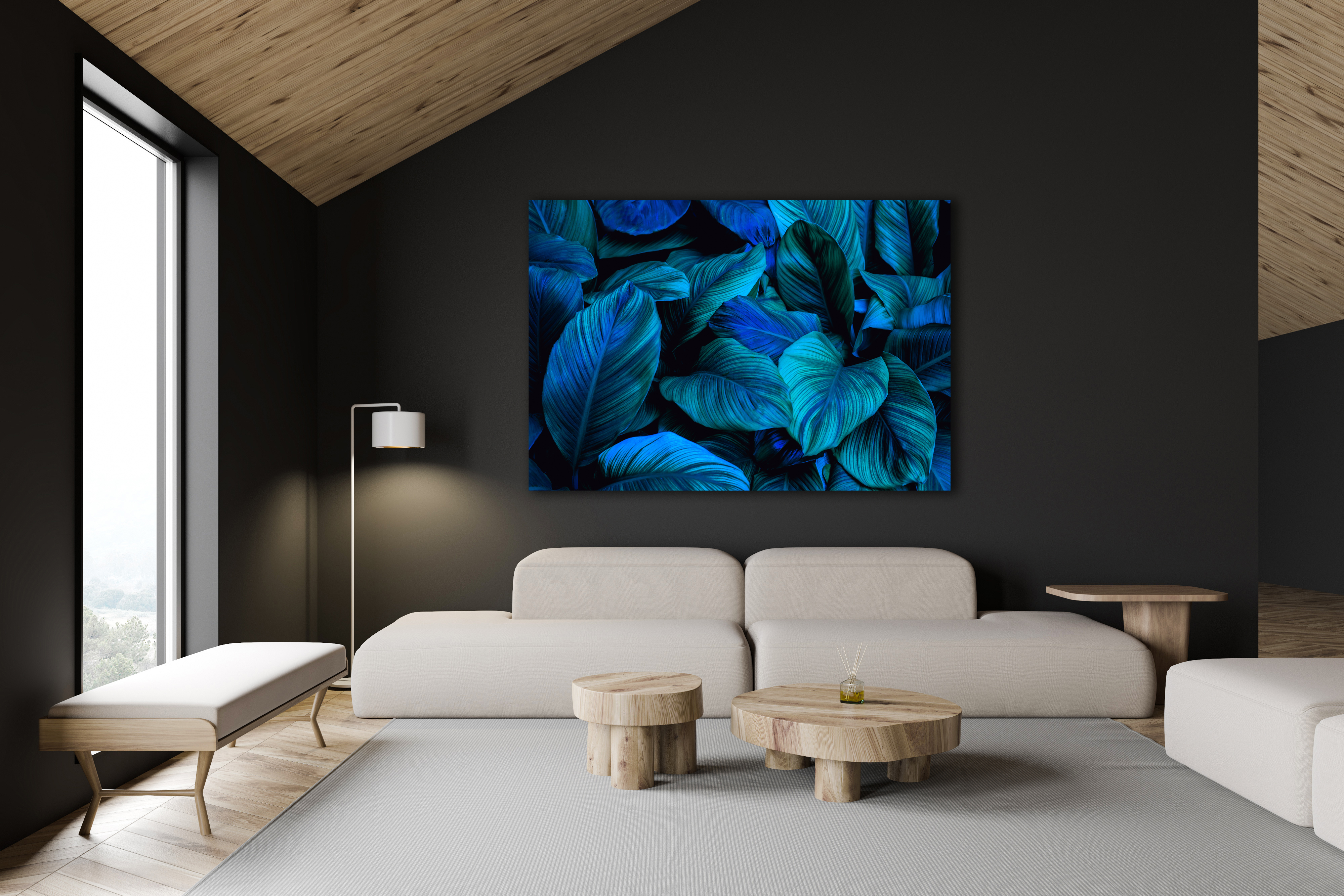 Wandbild Querformat Titel: Grüne blaue Pflanzen Textur Bild Wanddeko Alu Dibond Leinwand Acrylglas Holzbalken Butlerfinish Poster