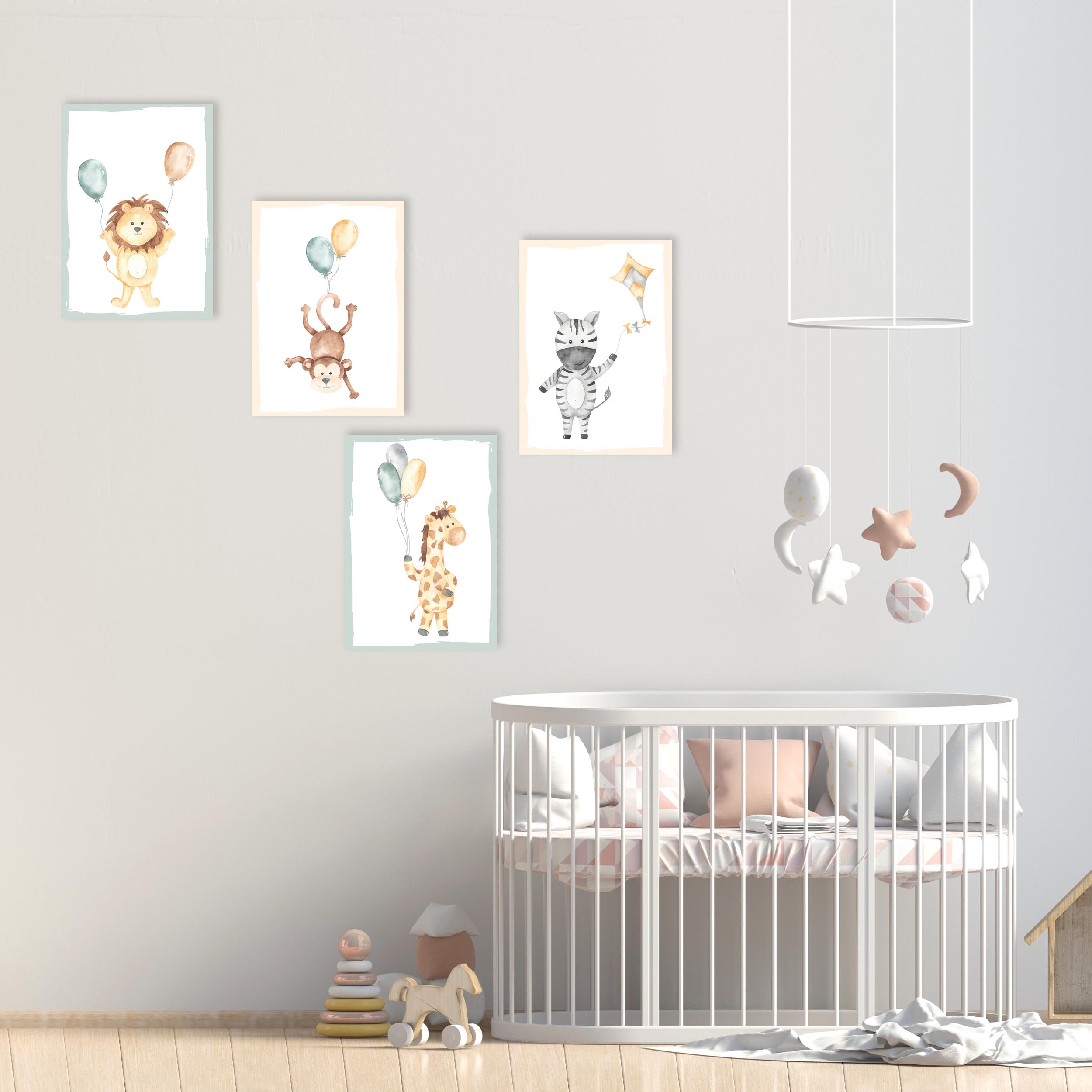 3er Set Bilder Kinderzimmer - Babyzimmer deko  - Premium A4 Poster Papier Matt - Bilder Set Mädchen Junge Deko Wandbilder kinderbilder Tiere Wanddeko