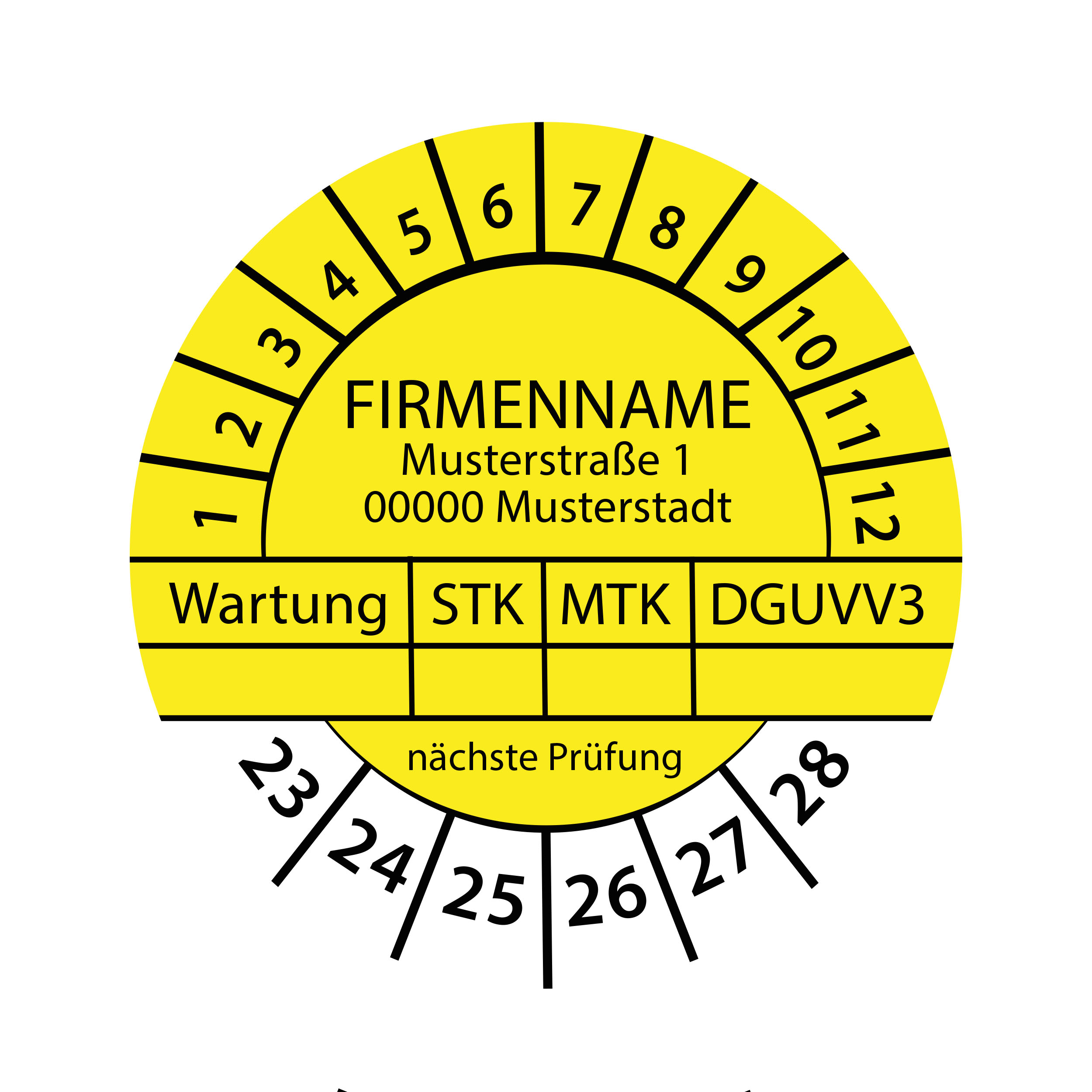 Prüfplakette mit Firmenname - Wartung STK MTK DGUVV3  nächste Prüfung 2023-2028 Ø 30mm Rund Gelb / Blau