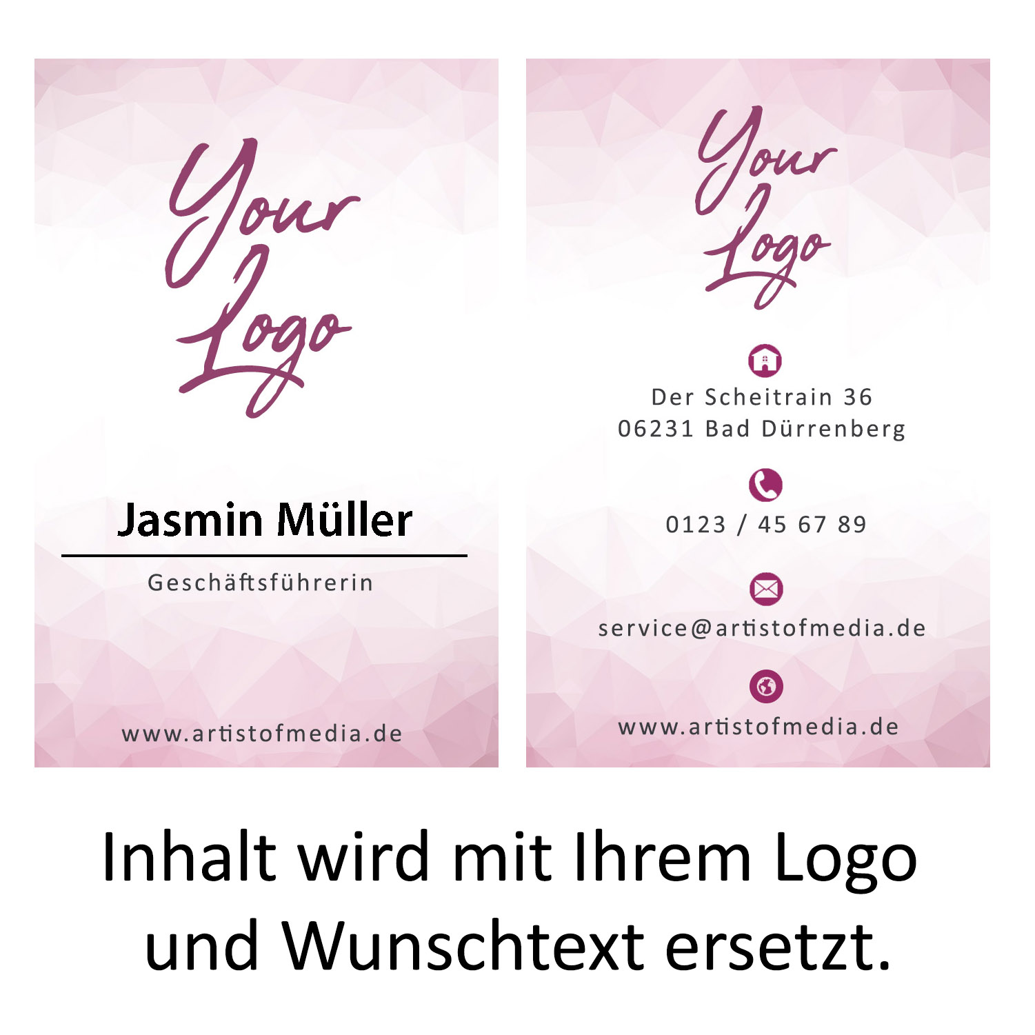 Visitenkarten individuell Fertiges Design Pink + Ihr Inhalt Fertig Business Karten 350g/qm 85 x 55mm