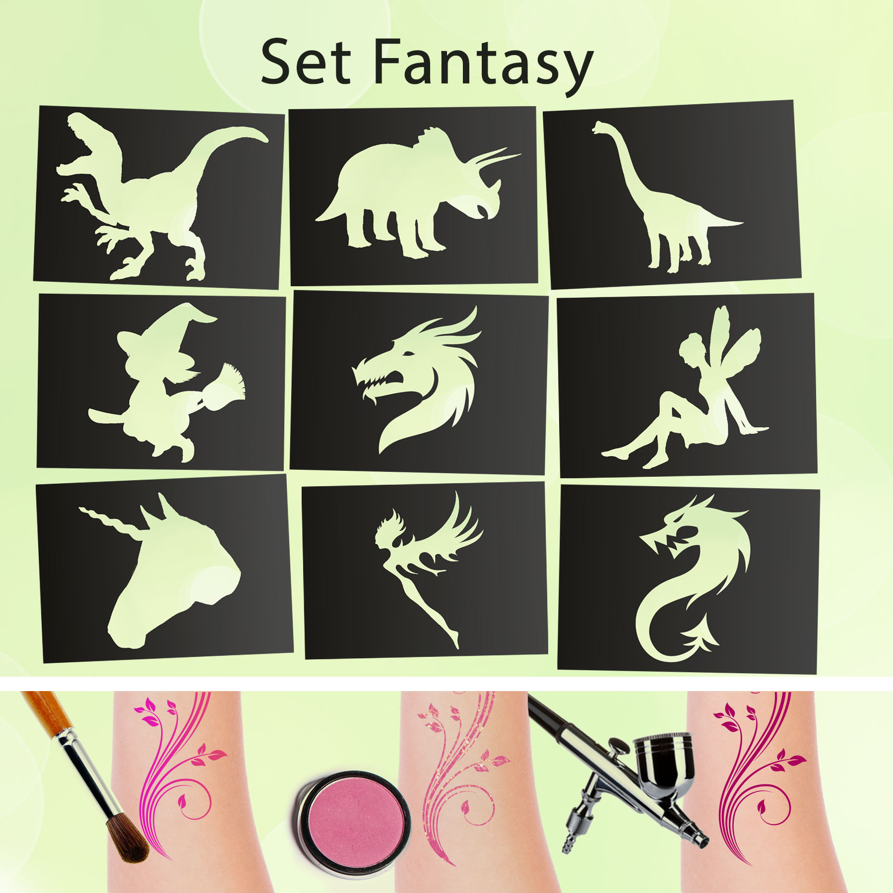 Tattoo Schablonen SET Fantasy (9 Stück) Selbstklebend Kinderschminken Airbrush