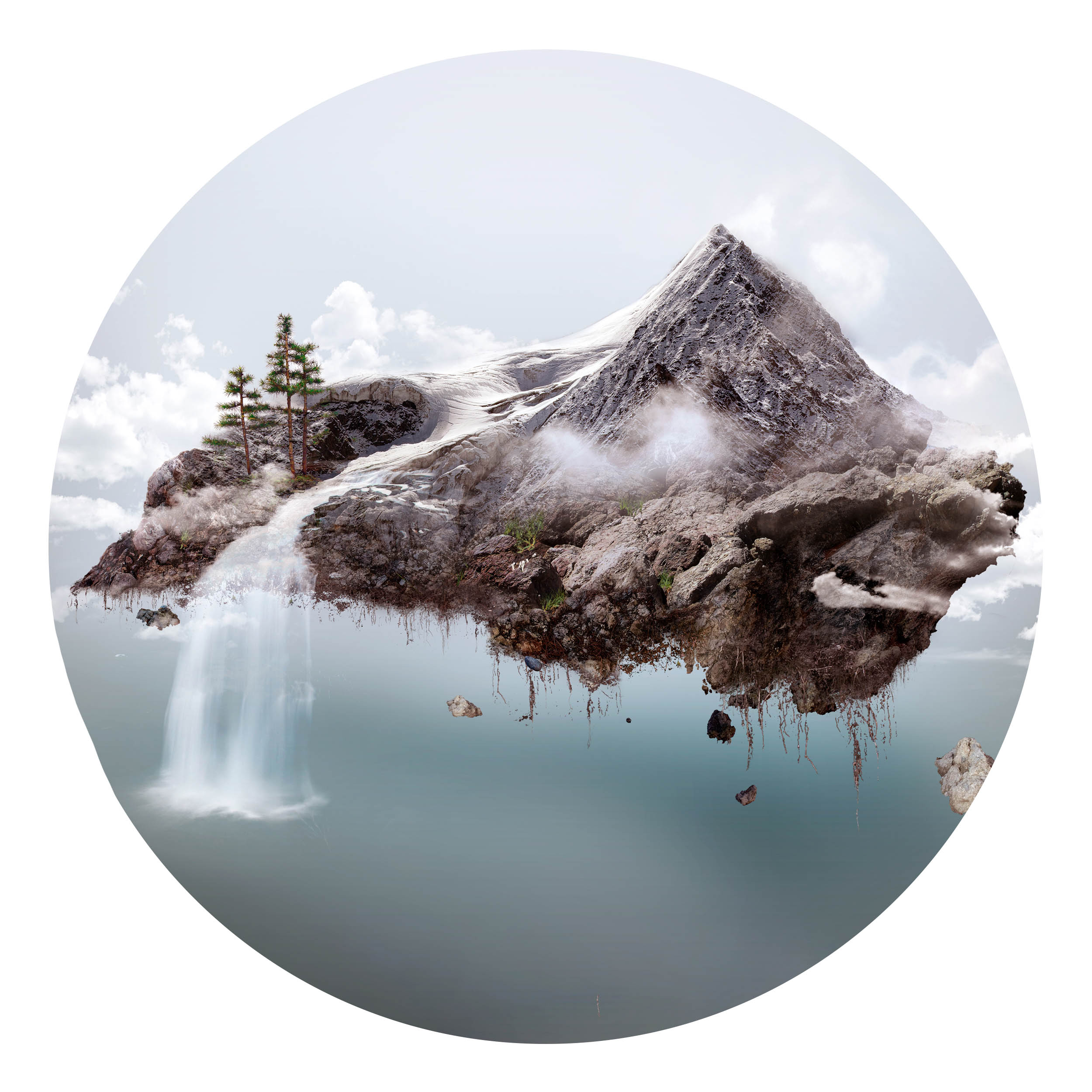 Wandbild Rund Titel: Fliegende Berge Fantasy Landschaft - Bild Wanddeko Alu Dibond oder Butlerfinish 