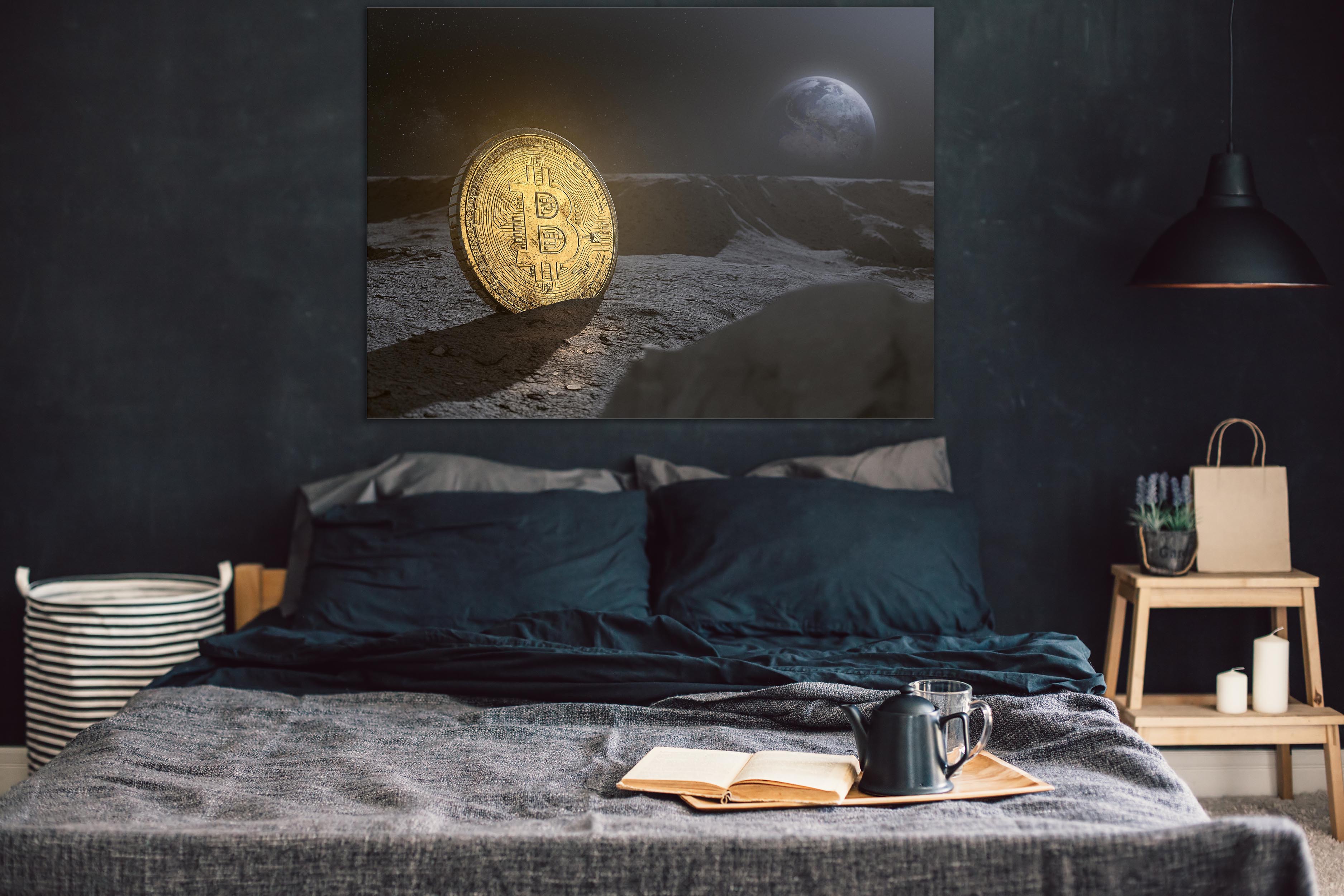 Wandbild Querformat Titel: Bitcoin to the moon - Bild Wanddeko Alu Dibond Leinwand Acrylglas Holzbalken Butlerfinish Poster