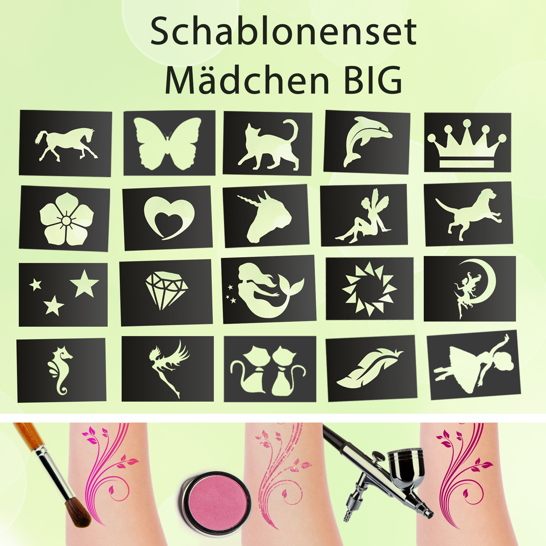 Tattoo Schablonen Set Mädchen BIG Kinder 20 Stück Selbstklebend Kinderschminken Airbrush