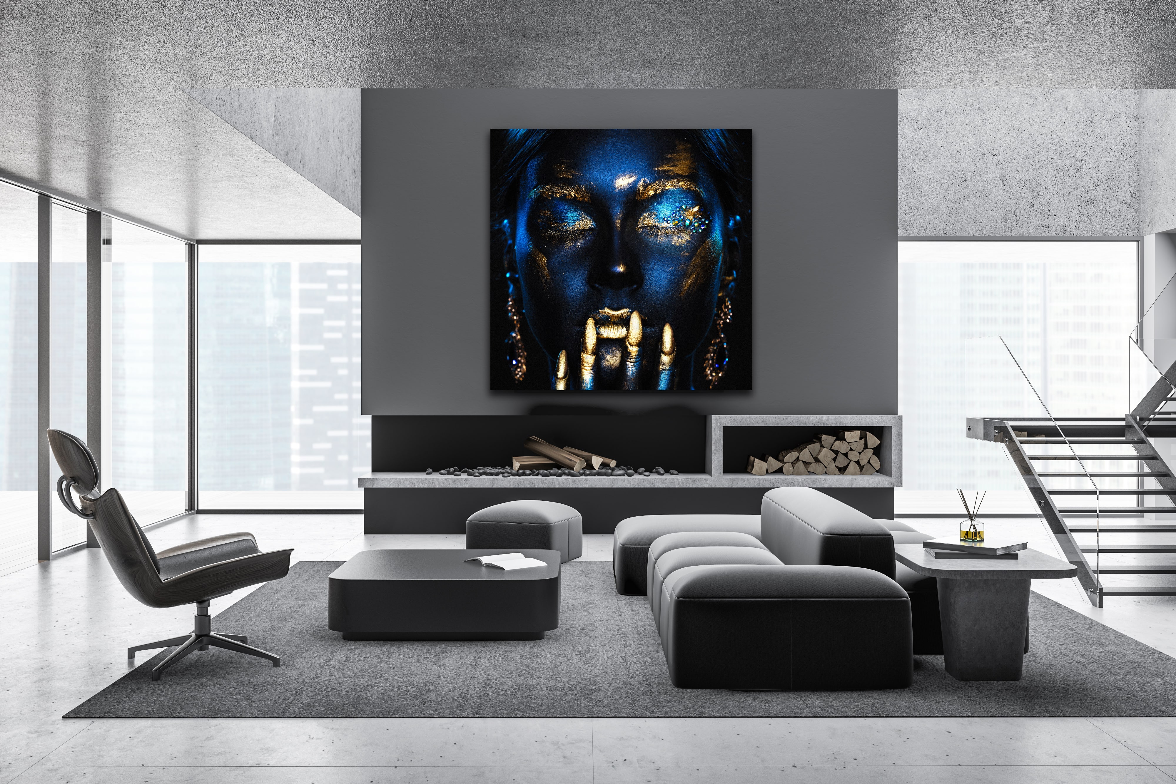 Wandbild Hochformat Titel: Beauty Girl fantasy blau Porträt Bild Wanddeko Alu Dibond Leinwand Acrylglas Holzbalken Butlerfinish Poster 