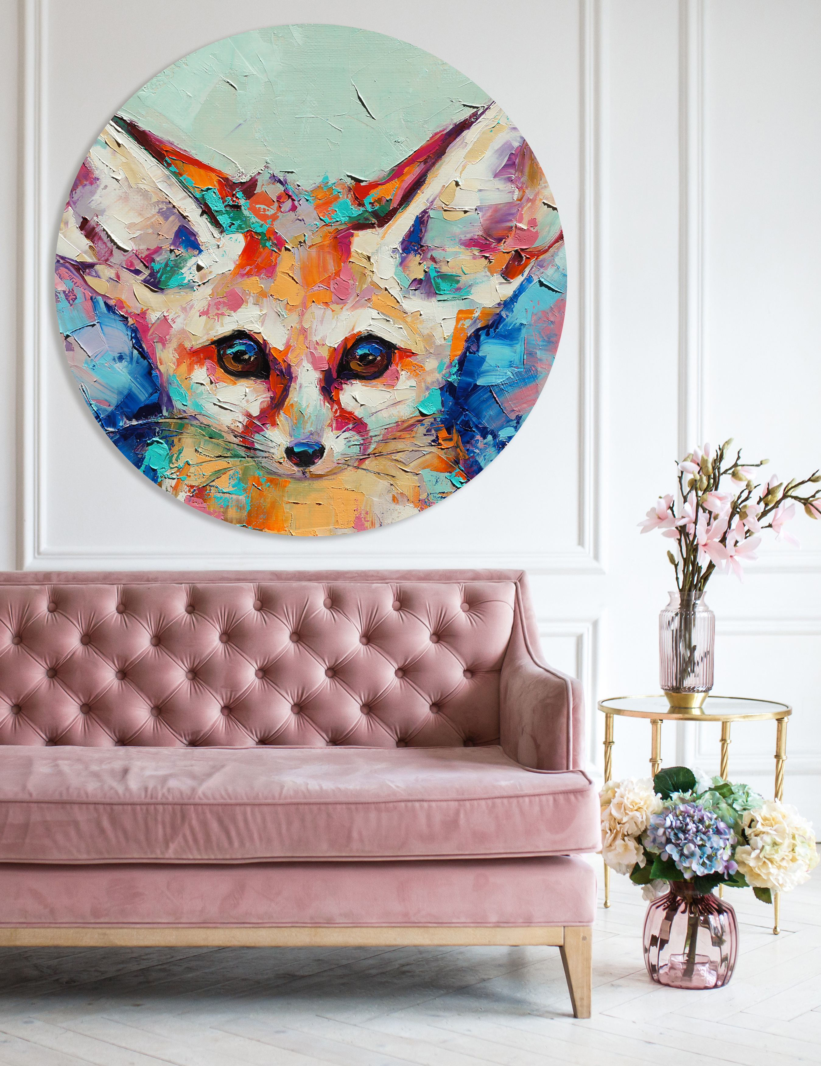 Wandbild Rund Titel:  Fuchs bunt - Bild Wanddeko Alu Dibond oder Butlerfinish 