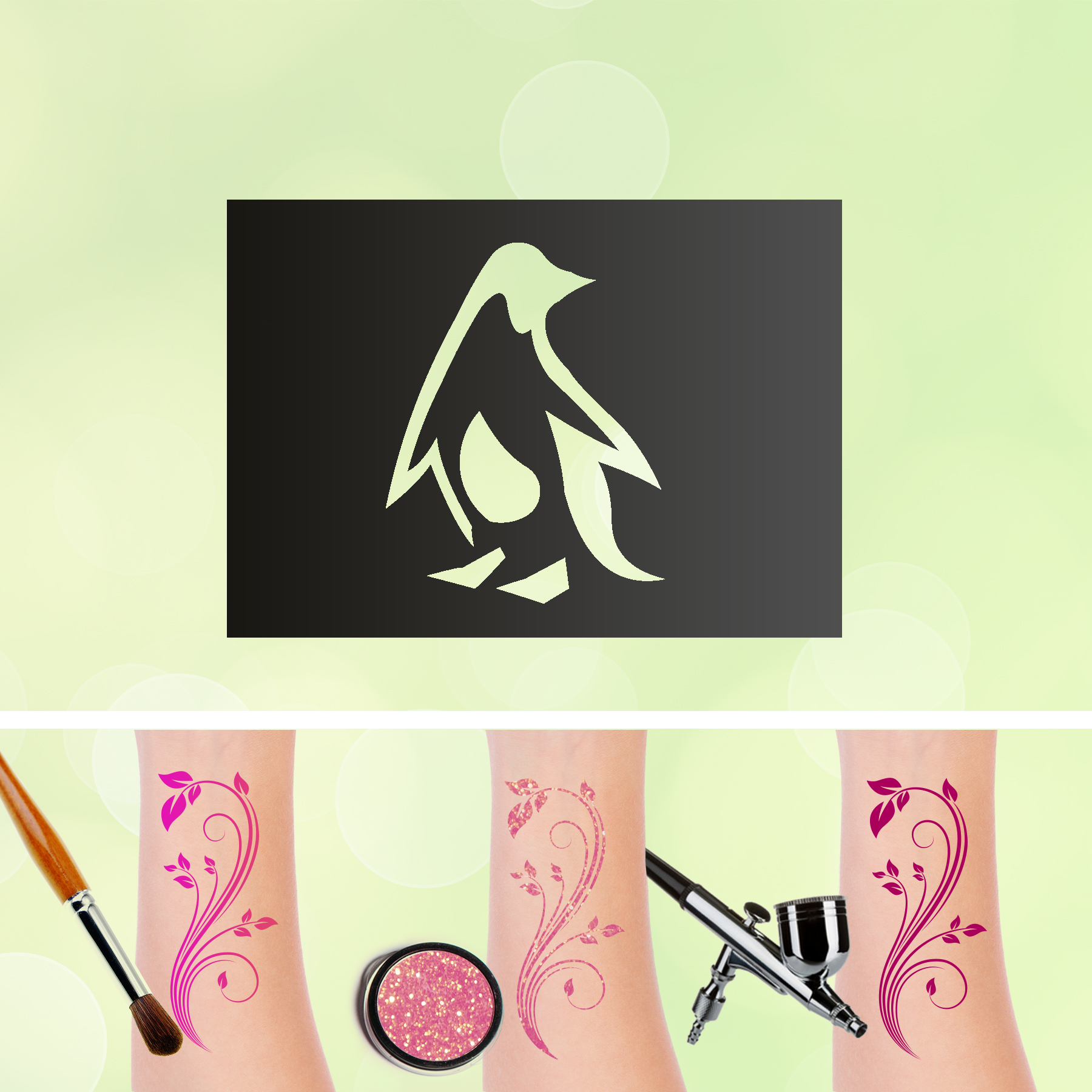 Tattoo Schablone Pinguin Selbstklebend Kinder Schminken Airbrush Make up Zoo Winter Eis Schnee