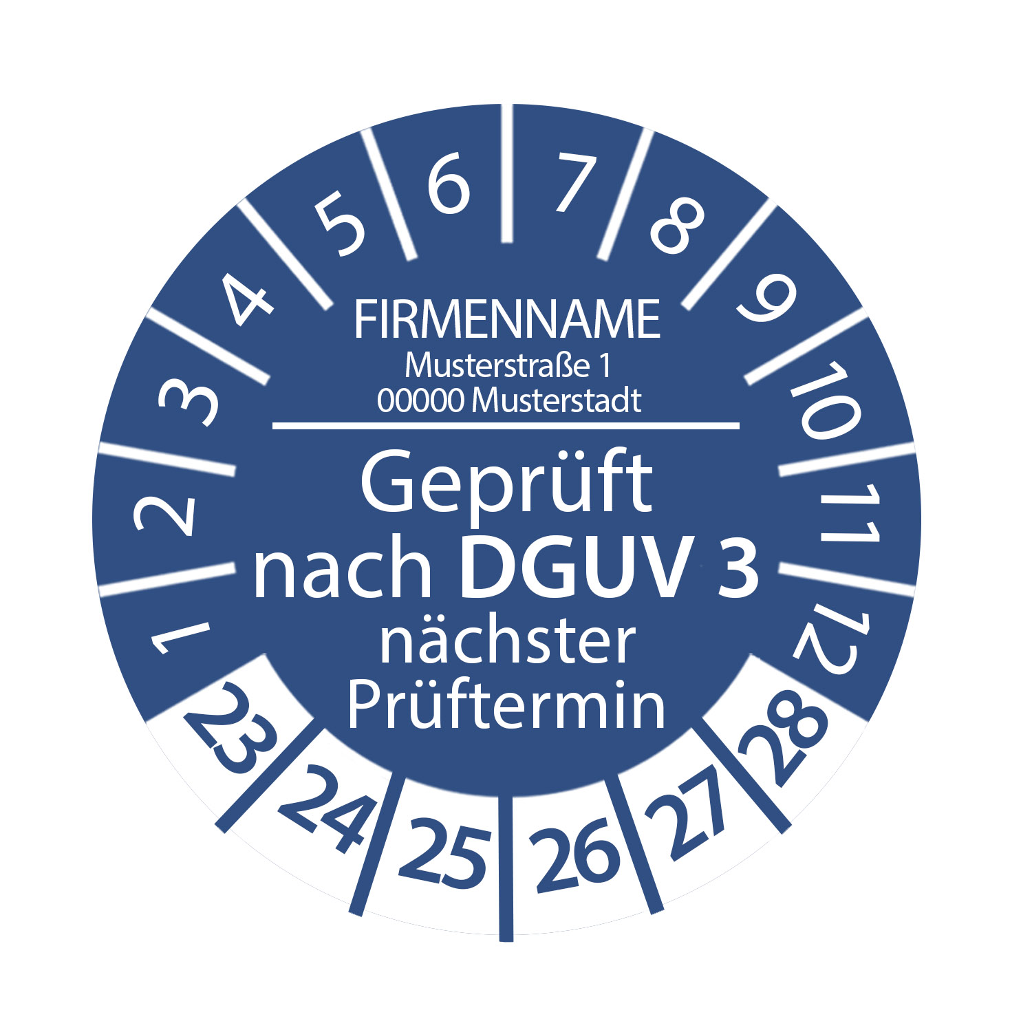 Prüfplakette Geprüft nach DGUV 3 mit Firmenname 2023 - 2028 auf Rolle, Ø 2-3cm Rund Blau Individuell