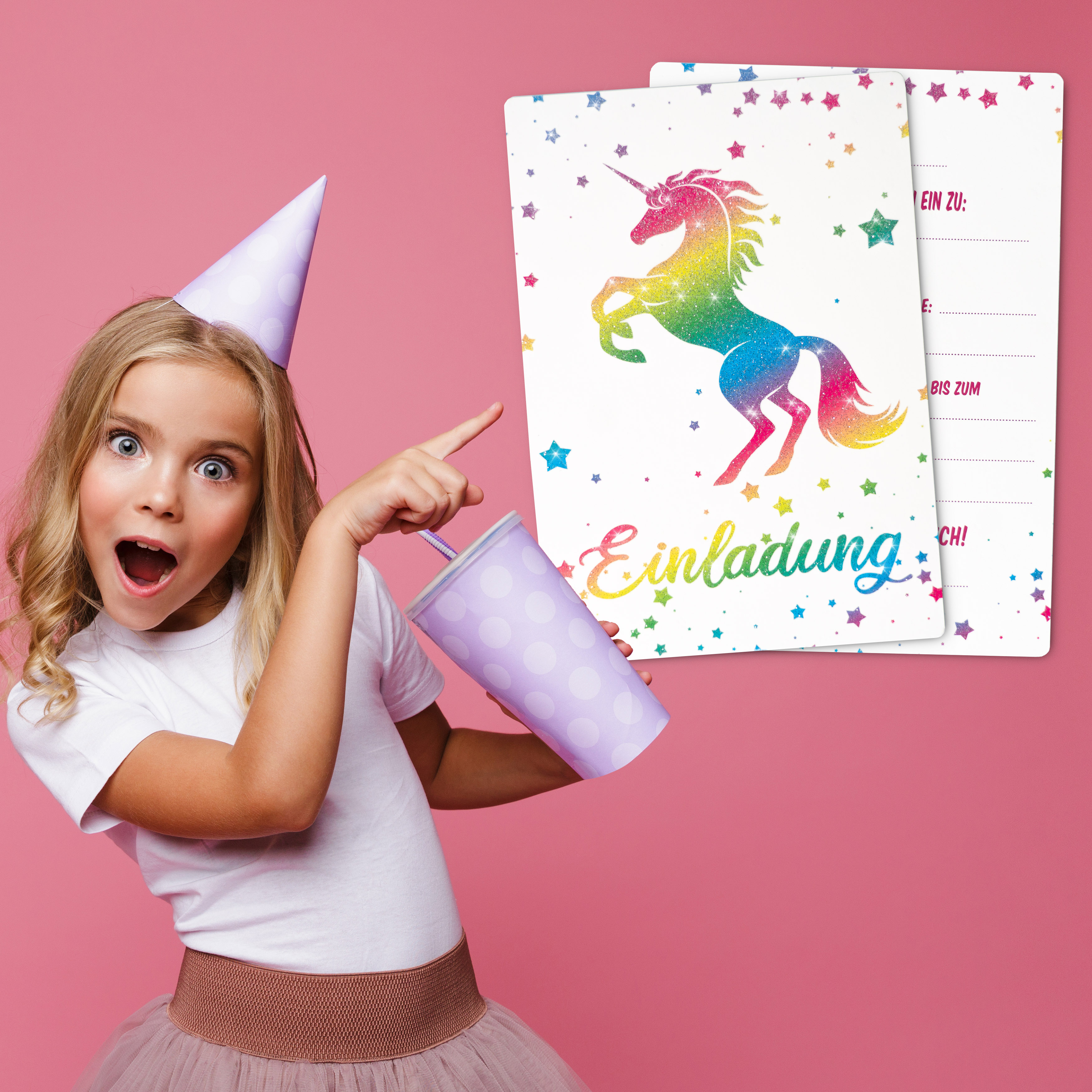 Glitzer Einhorn Einladungskarten für Kindergeburtstag, Party, Einschulung mit oder ohne umschlag für Mädchen oder Jungen Kinder zum Geburtstag oder Kinderparty 