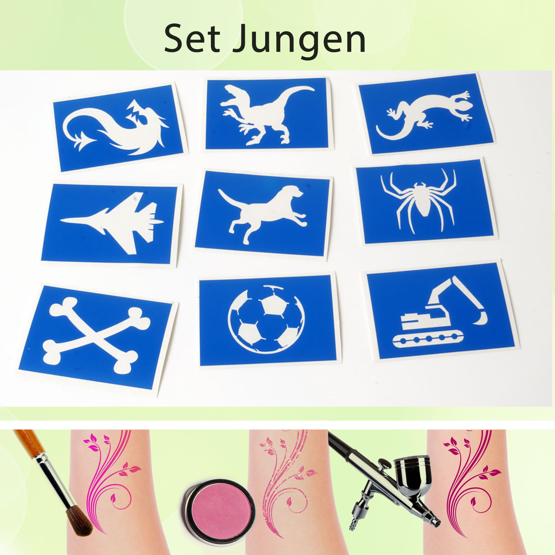Tattoo Schablonen Set Junge (9 Stück) Selbstklebend Kinderschminken Airbrush