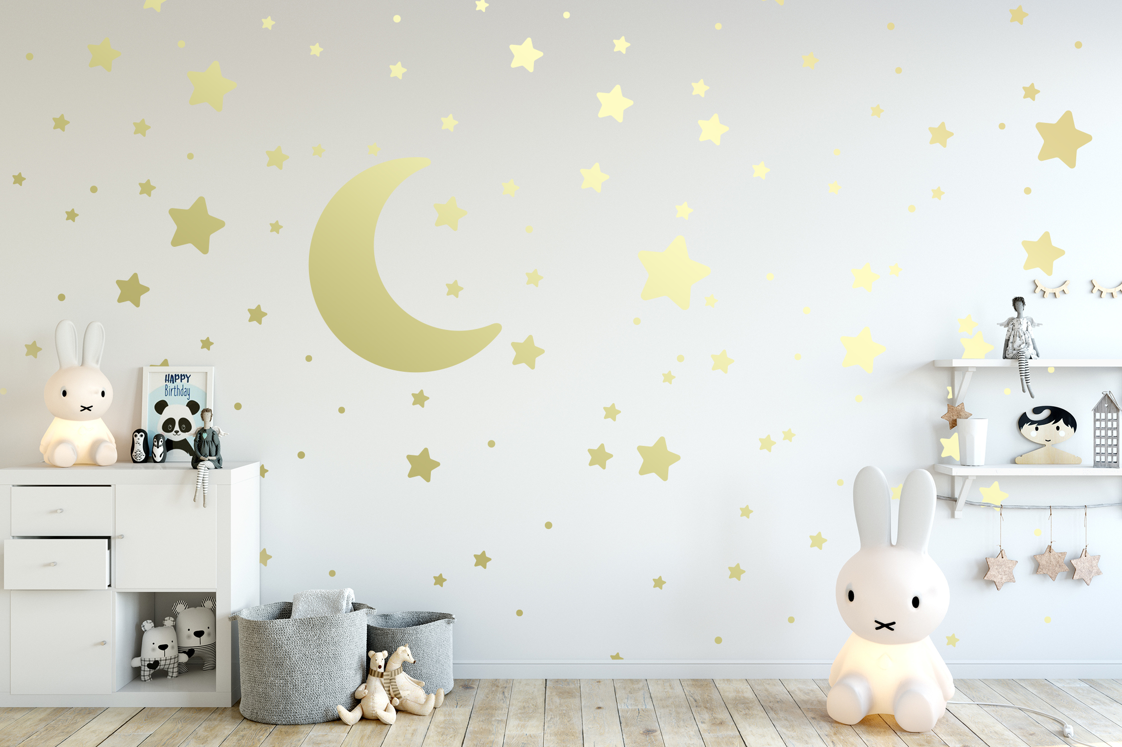 Wandtattoo Aufkleber STERNE MOND PUNKTE MIX selbstklebend in Gold Deko Wohnzimmer Schlafzimmer