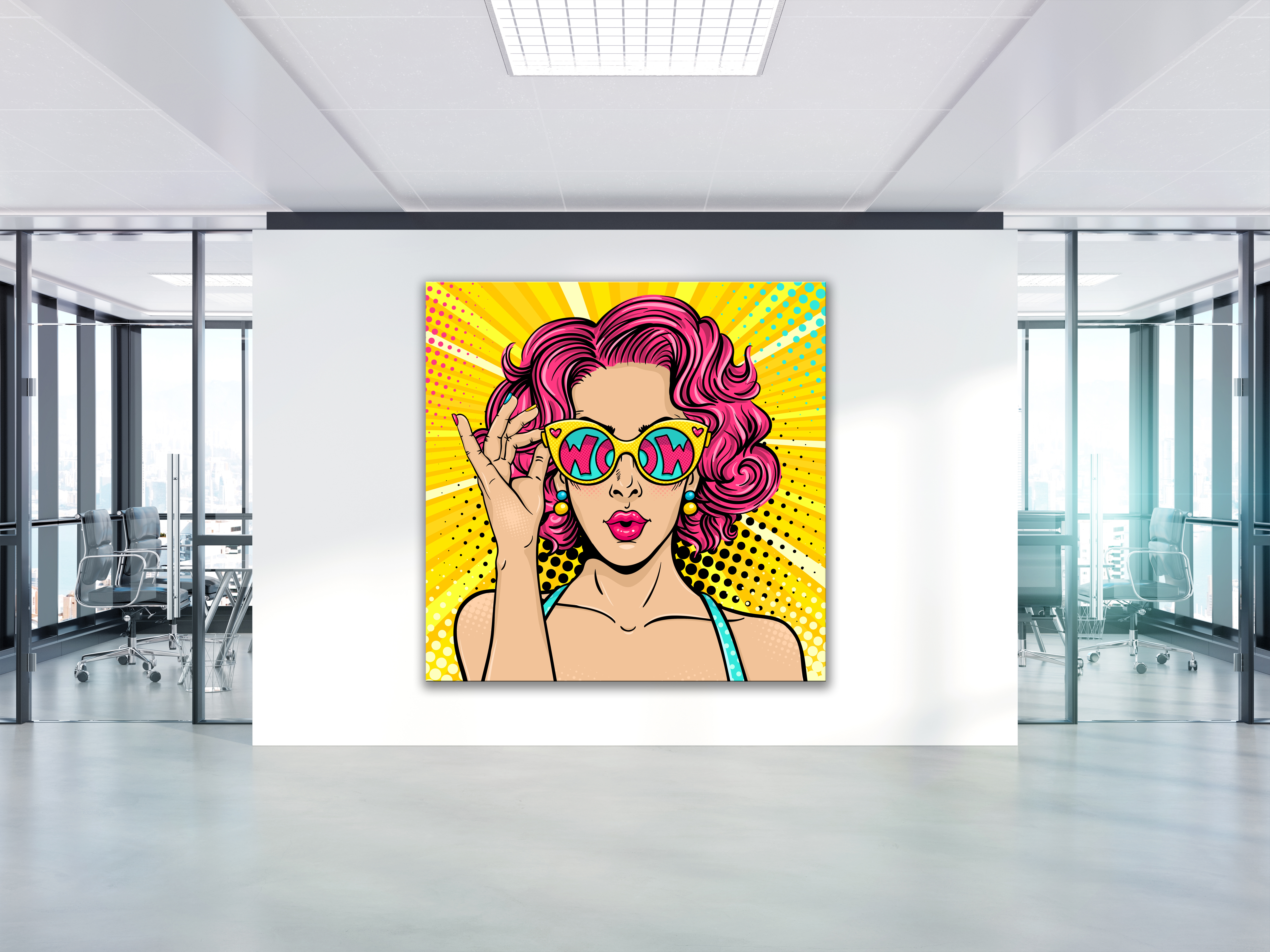 Wandbild Quadratisch Titel: Girl mit Sonnenbrille - Pop Art Wanddeko Alu Dibond Leinwand Acrylglas Holzbalken Butlerfinish Poster