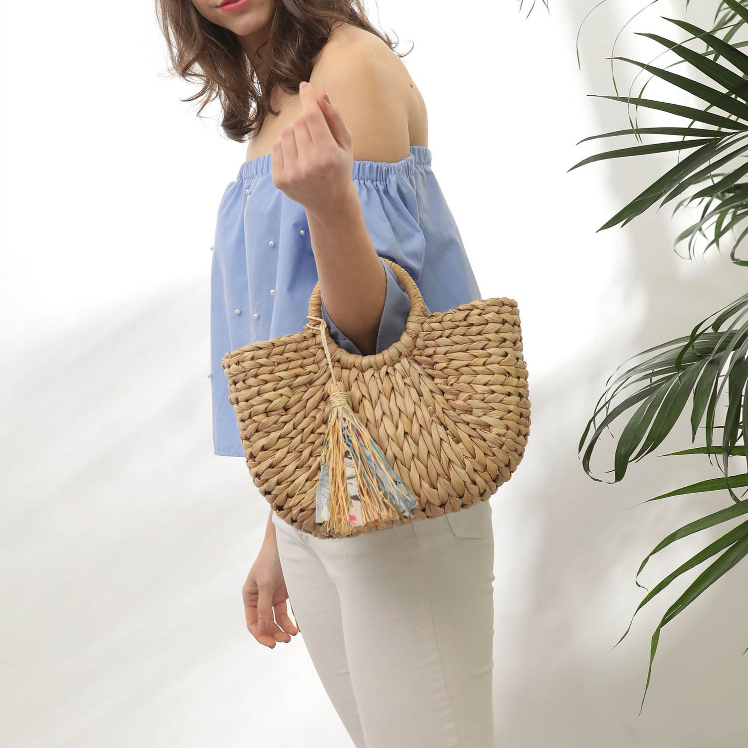 Handtasche Strandtasche Shopper Korbtasche geflochten Halbrund gewebt mit praktischem Zugband