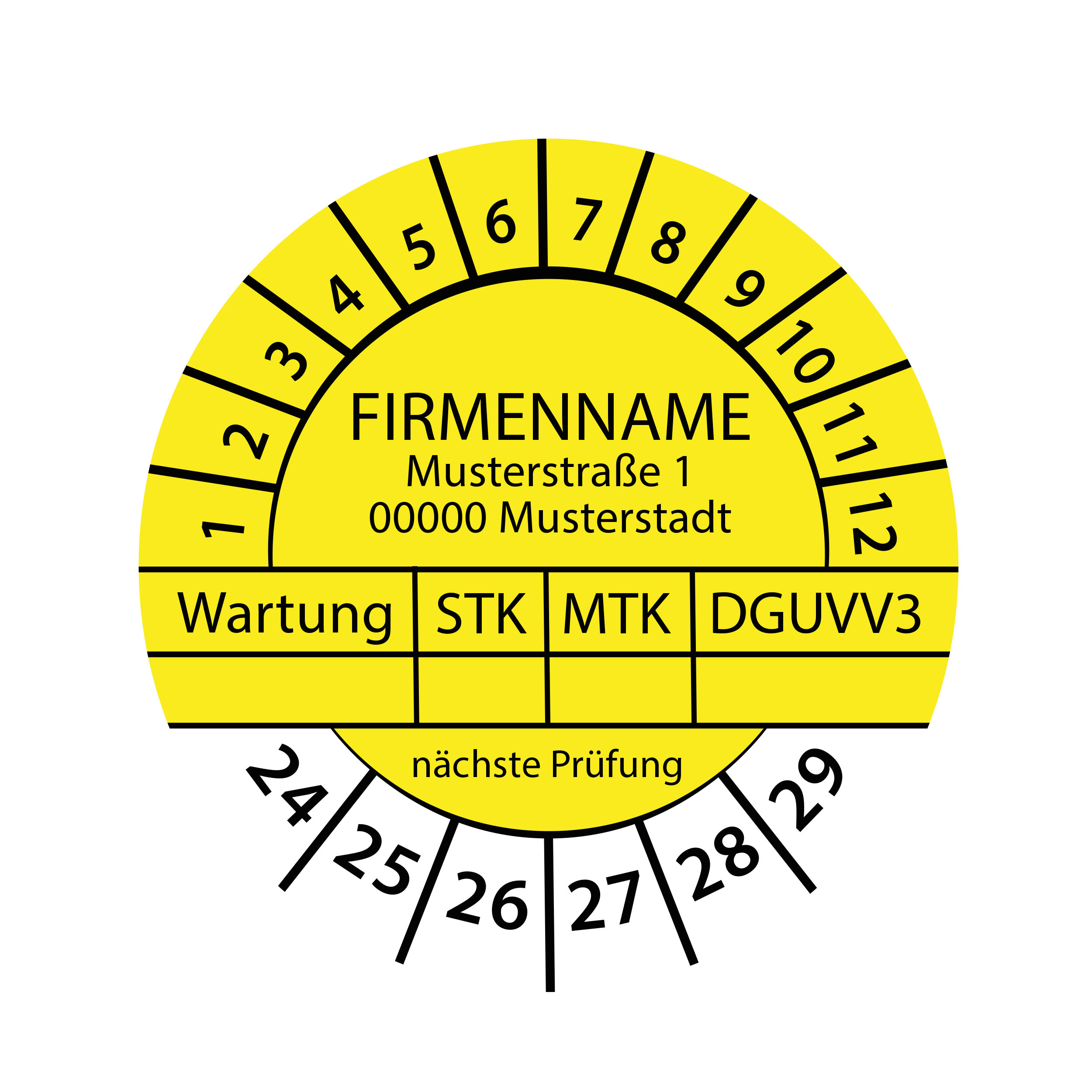 Prüfplakette mit Firmenname - Wartung STK MTK DGUVV3  nächste Prüfung 2024-2029 Ø 30mm Rund Gelb / Blau 