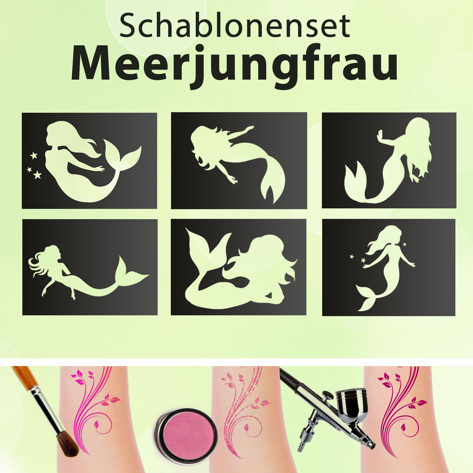 Tattoo Schablonen SET Kinder Meerjungfrau 6 Schablonen Selbstklebend Schminken Meer Meerjungfrauen