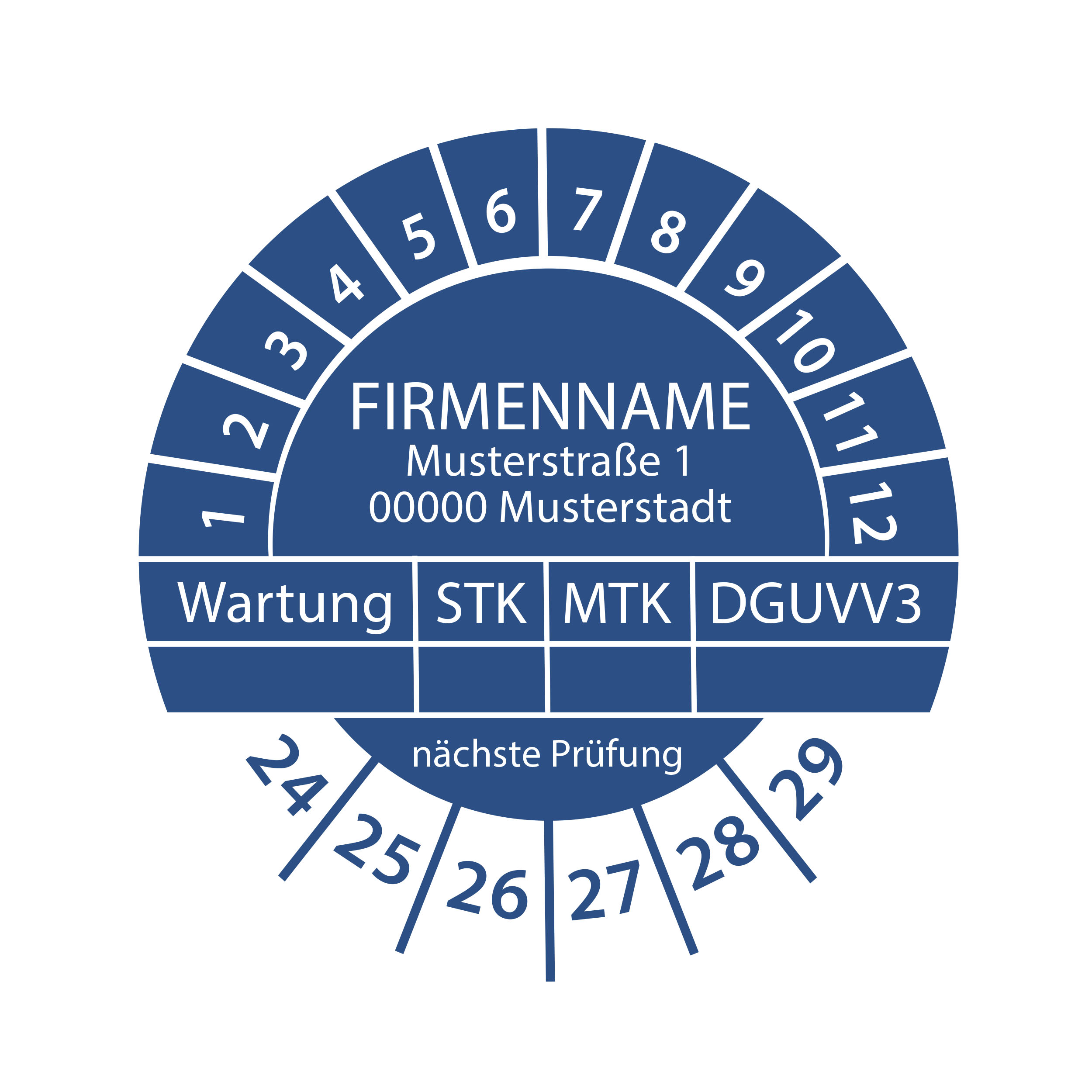 Prüfplakette mit Firmenname - Wartung STK MTK DGUVV3  nächste Prüfung 2024-2029 Ø 30mm Rund Gelb / Blau 