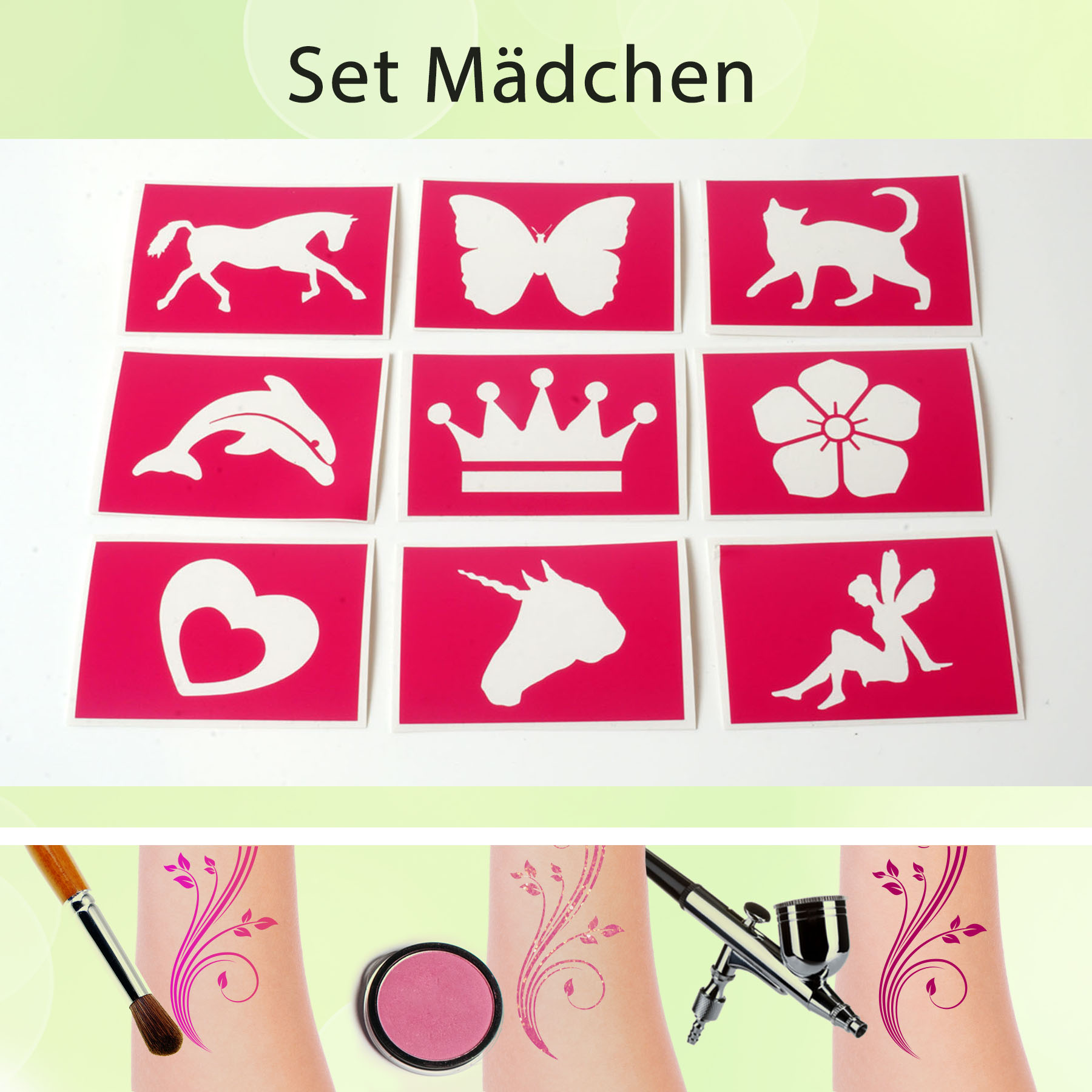 Tattoo Schablonen Set Mädchen (9 Stück) Selbstklebend Kinderschminken Airbrush