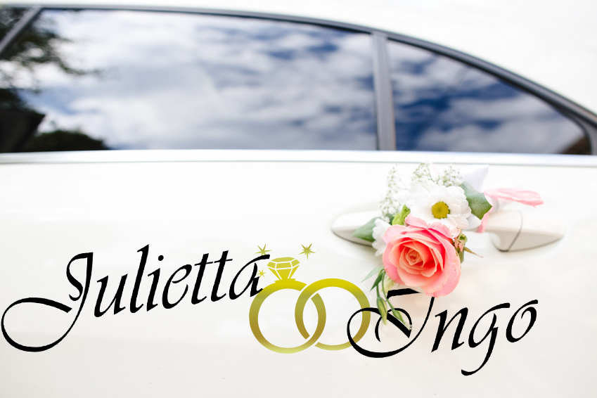 Aufkleber Hochzeit Auto NAME mit RINGEN in Gold