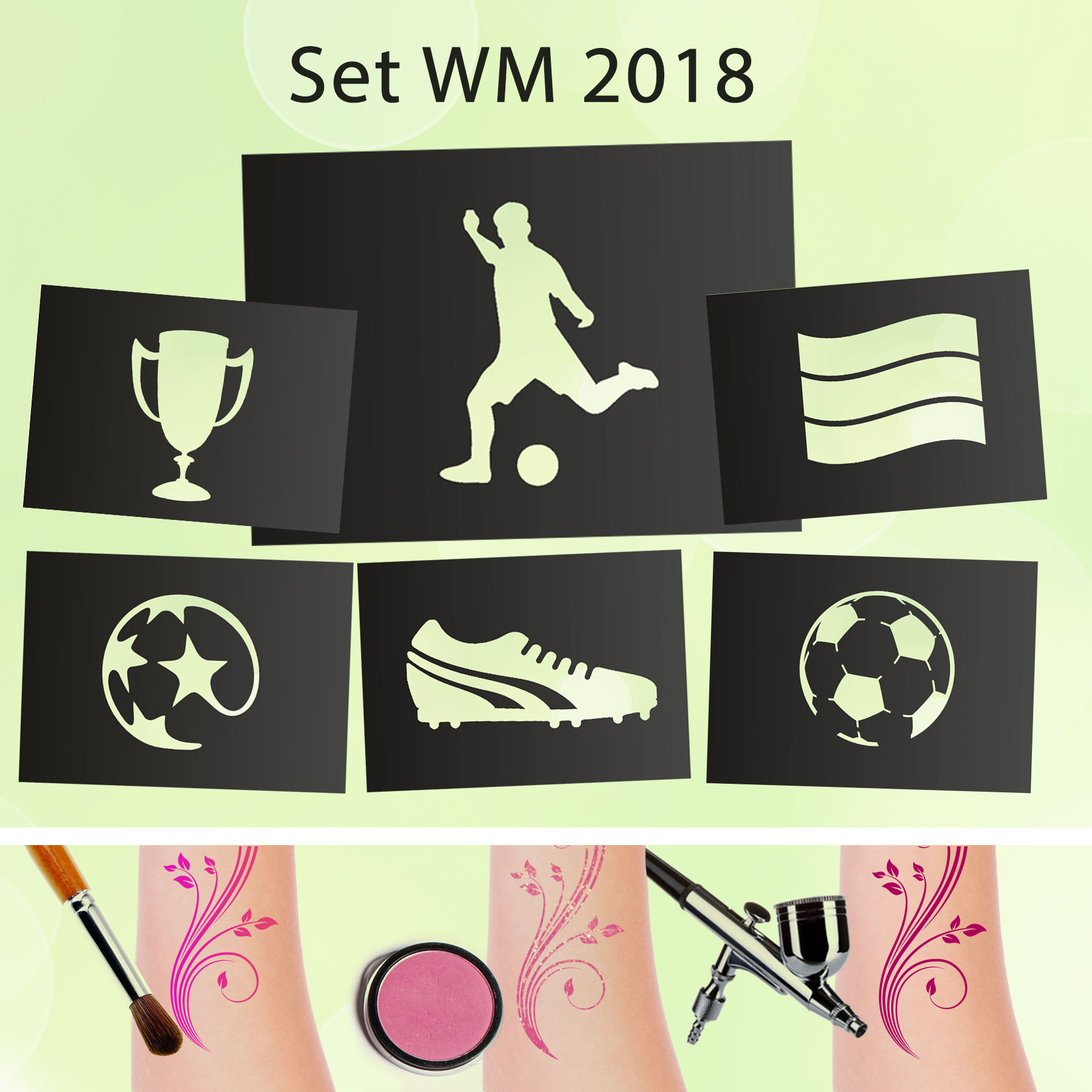 Tattoo Schablonen SET Fussball (6 Stück) Selbstklebend Kinderschminken Airbrush