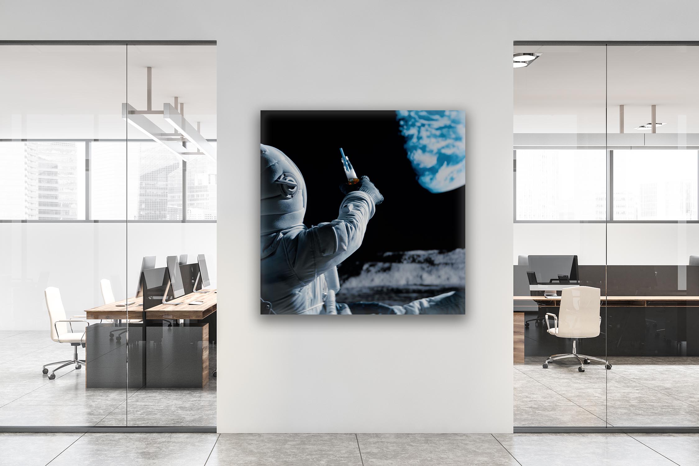 Wandbild Wandbilder Quadratisch Titel: Astronaut Mond Moon Wanddeko Bild für Wohnzimmer auf Alu Dibond Leinwand Acrylglas Holzbalken Butler Finish Poster Kopie
