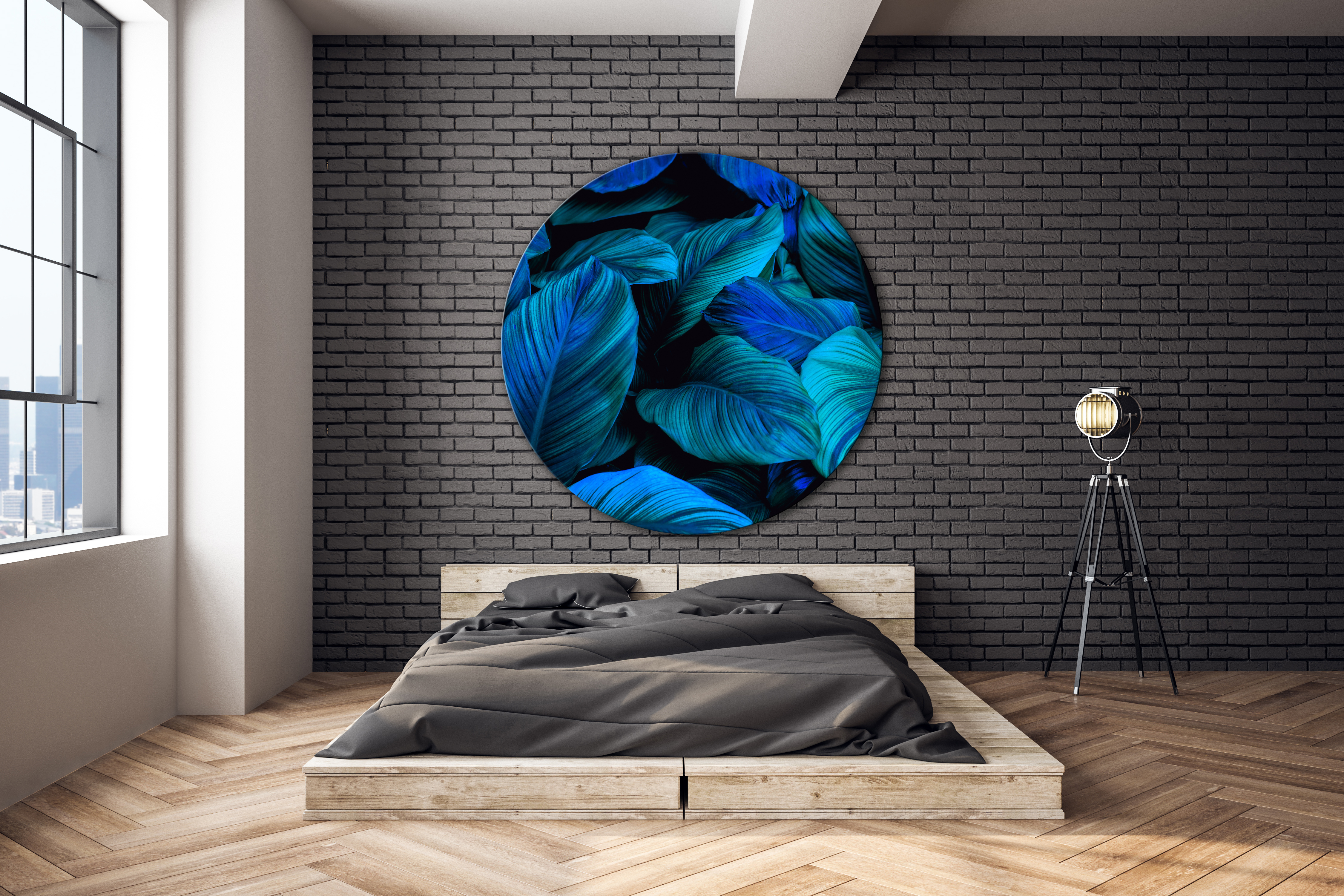 Wandbild Rund Titel: Grüne blaue Pflanzen Textur - Bild Wanddeko Alu Dibond oder Butlerfinish