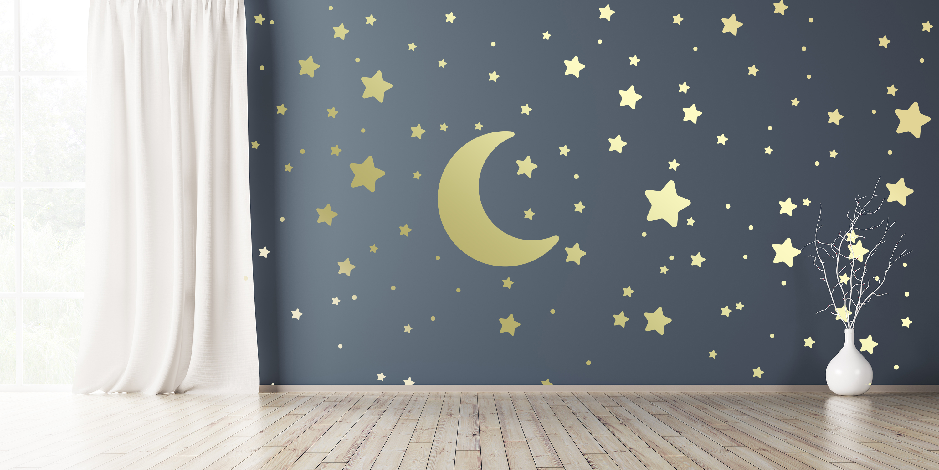Wandtattoo Aufkleber STERNE MOND PUNKTE MIX selbstklebend in Gold Deko Wohnzimmer Schlafzimmer