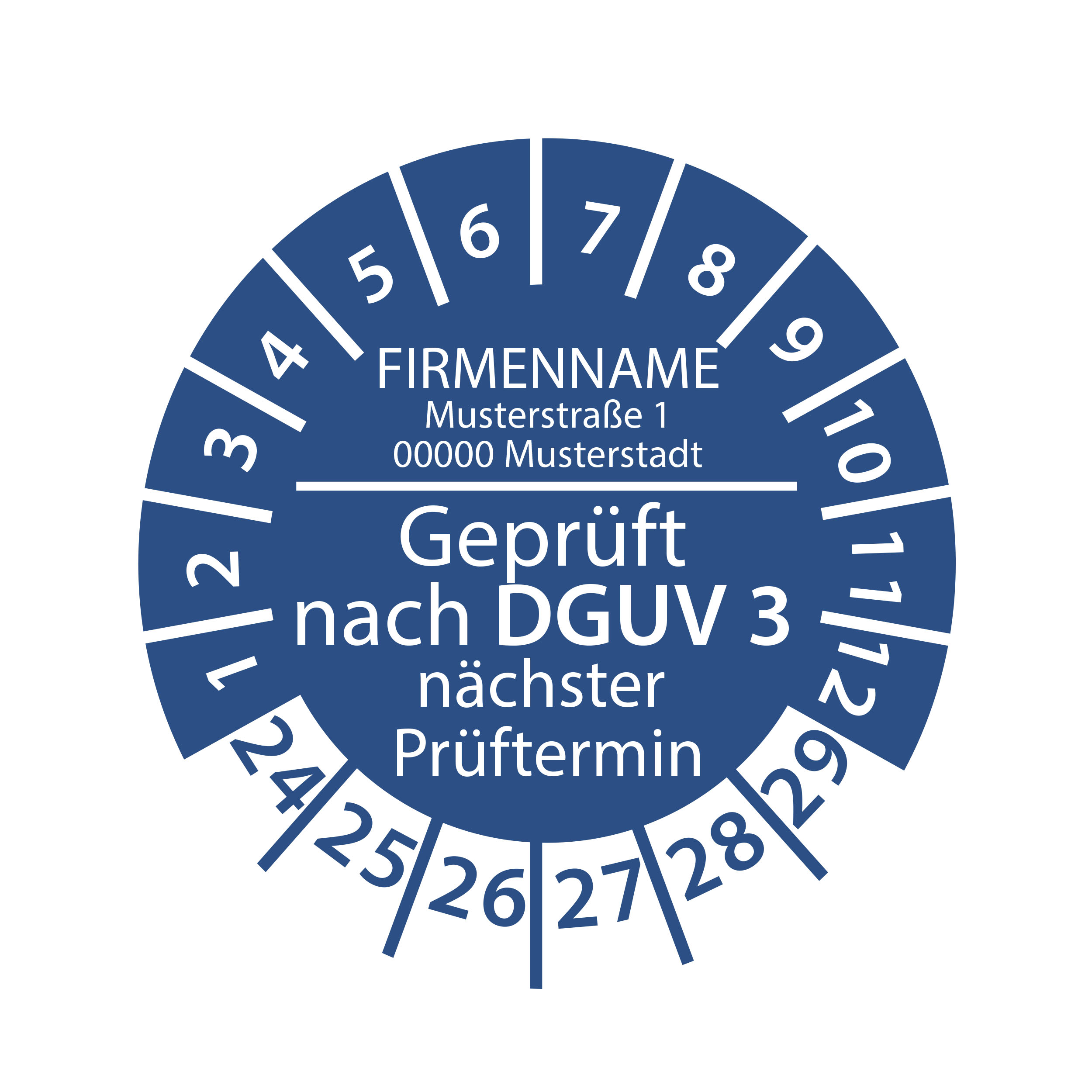 Prüfplakette mit Firmenname - geprüft nach DGUV Vorschrift 3 nächster Prüftermin 2024-2029 Ø 30mm Rund Gelb / Blau