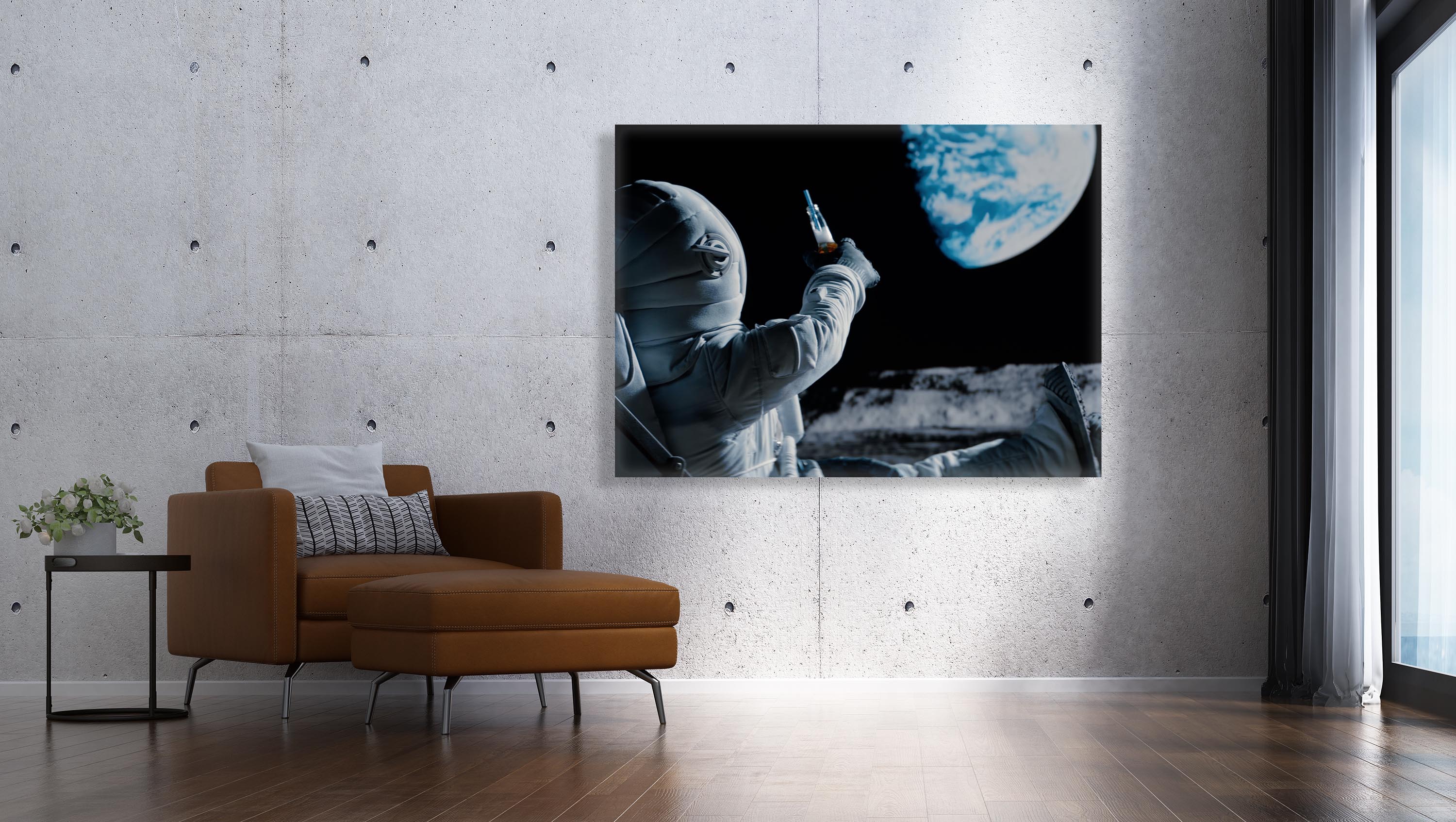Wandbild Wandbilder Querformat Titel: Astronaut Mond Moon - Bild für Wohnzimmer auf Alu Dibond Leinwand Acrylglas Holzbalken Butlerfinish Poster 