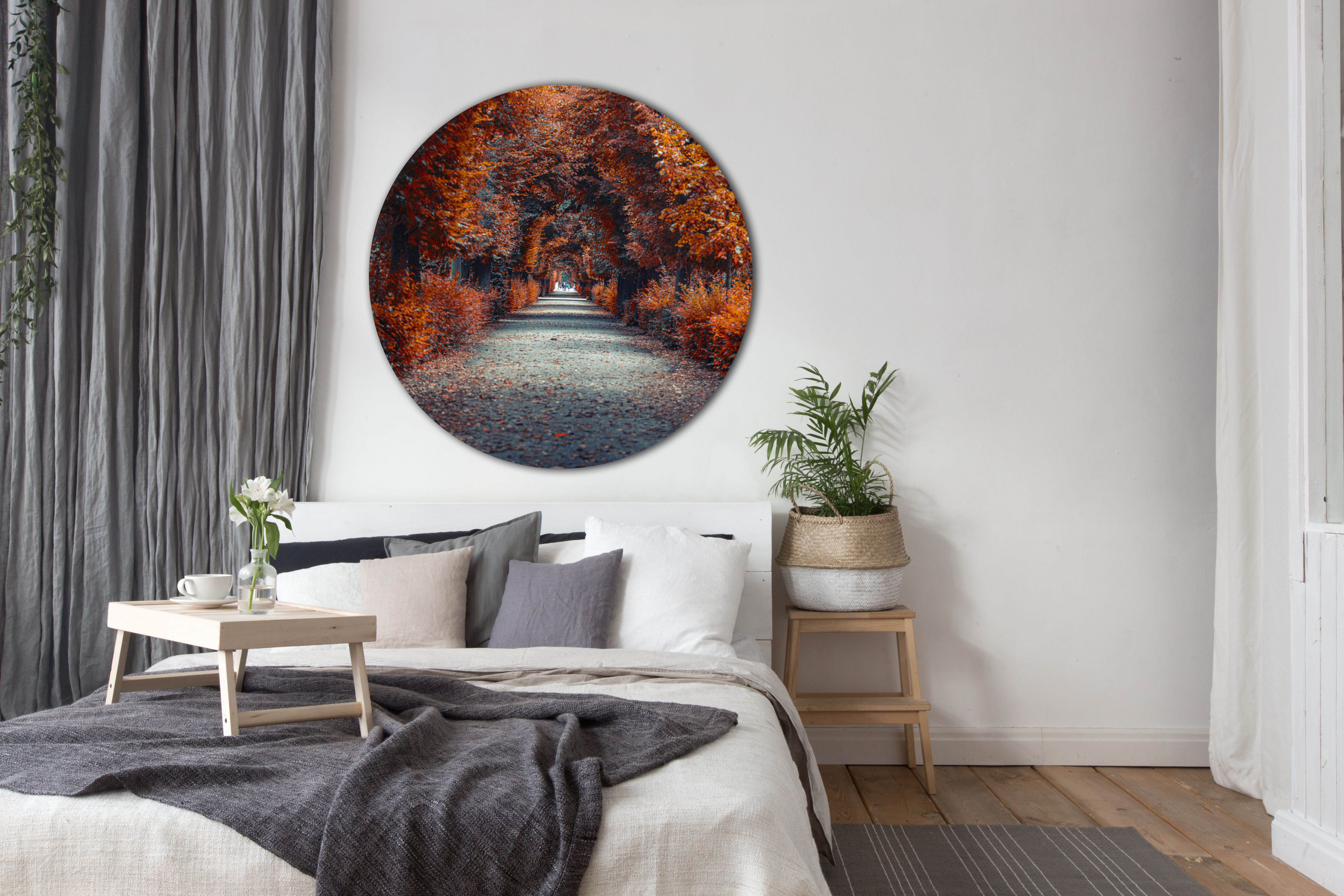 Wandbild Rund Titel: Landschaft goldener Herbst Allee- Bild Wanddeko Alu Dibond oder Butlerfinish 