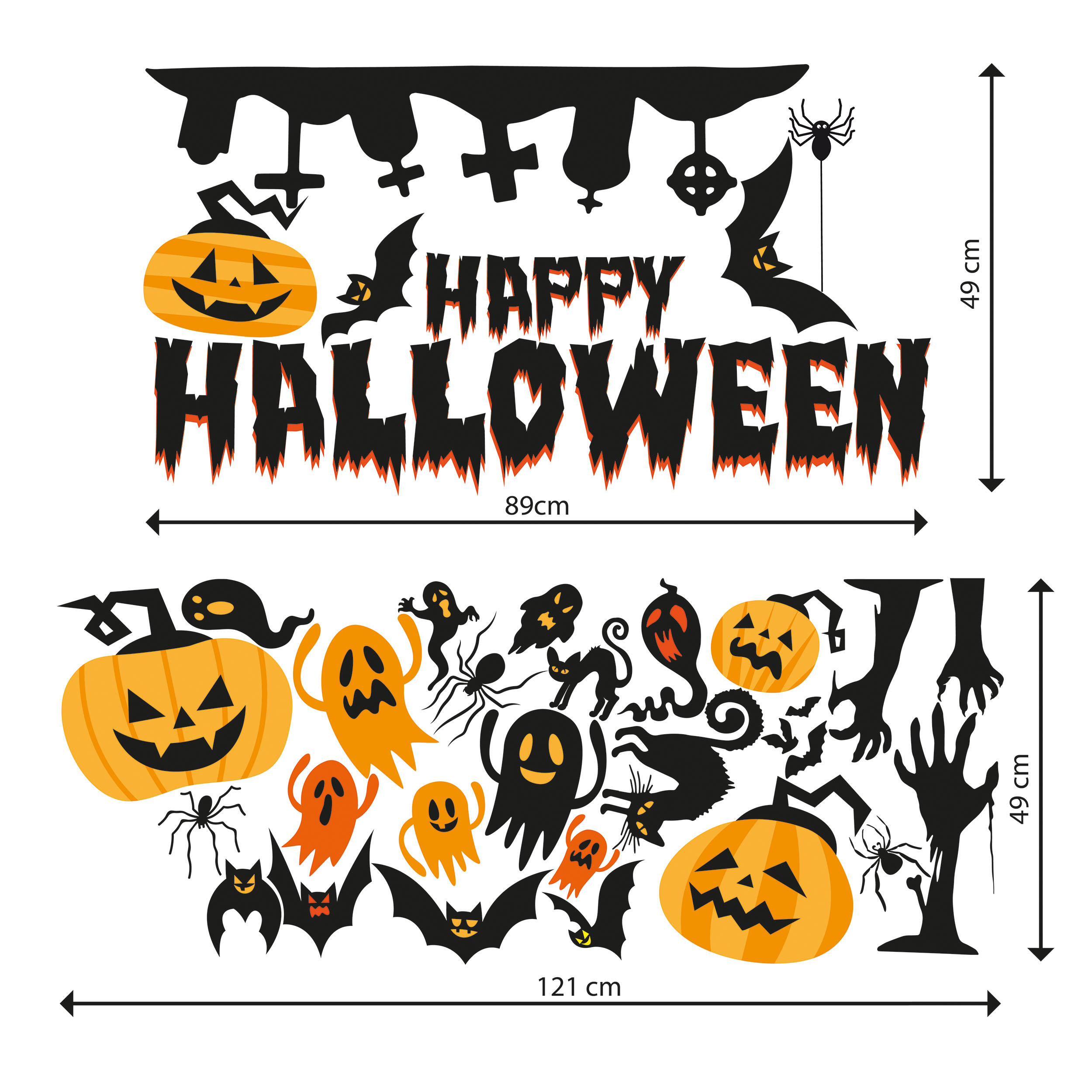 Aufkleber Halloween Set Groß für Fenster Schaufenster Dekoration Gruselig Kürbis Spinne Fledermaus Gespenst