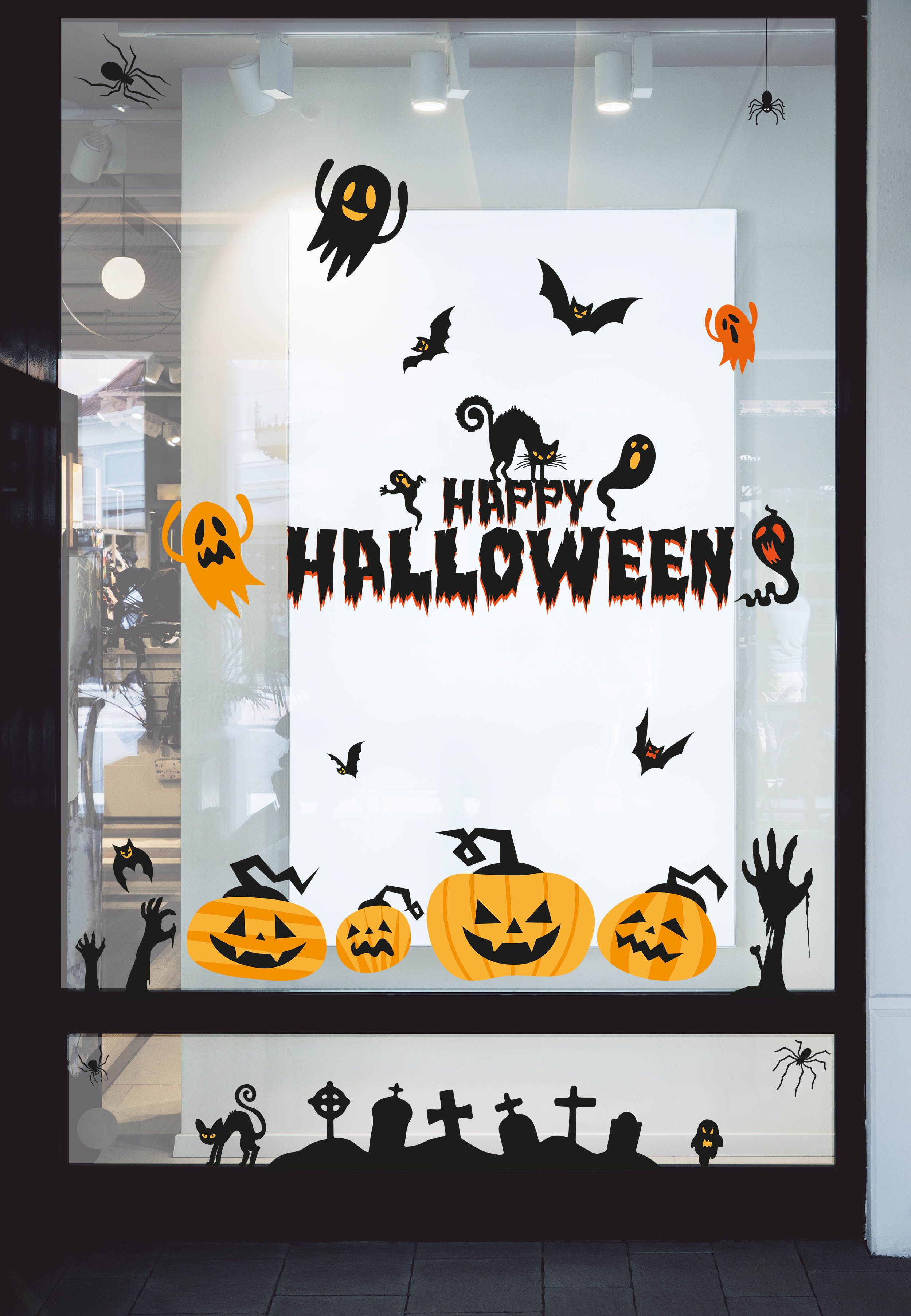 Aufkleber Halloween Set Groß für Fenster Schaufenster Dekoration Gruselig Kürbis Spinne Fledermaus Gespenst